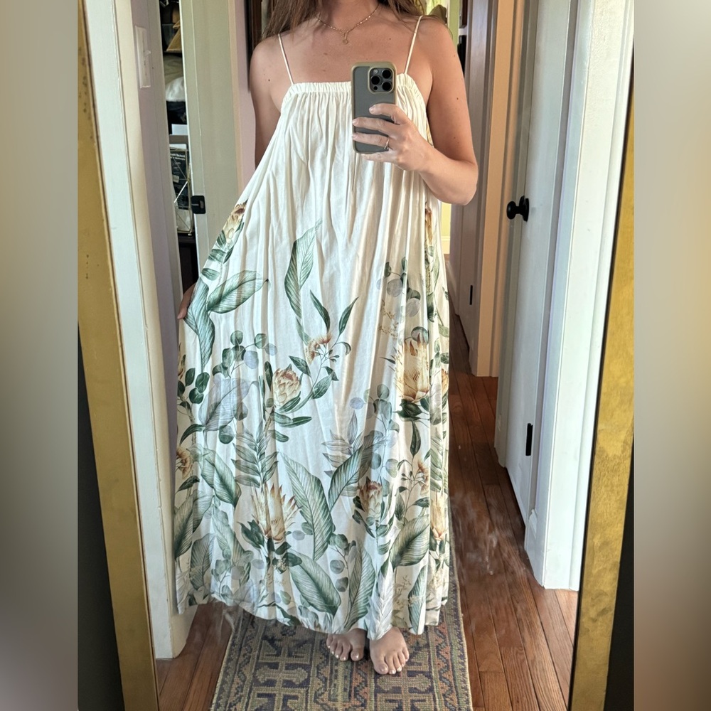 White Linen Maxi Dress with Green Leaf Print